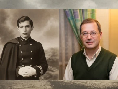 L'image montre Pierre Angot en gilet vert à côté d'un homme en uniforme militaire ancien