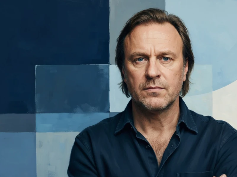 Pierre Bénézit les bras croisés sur un fond bleu abstrait