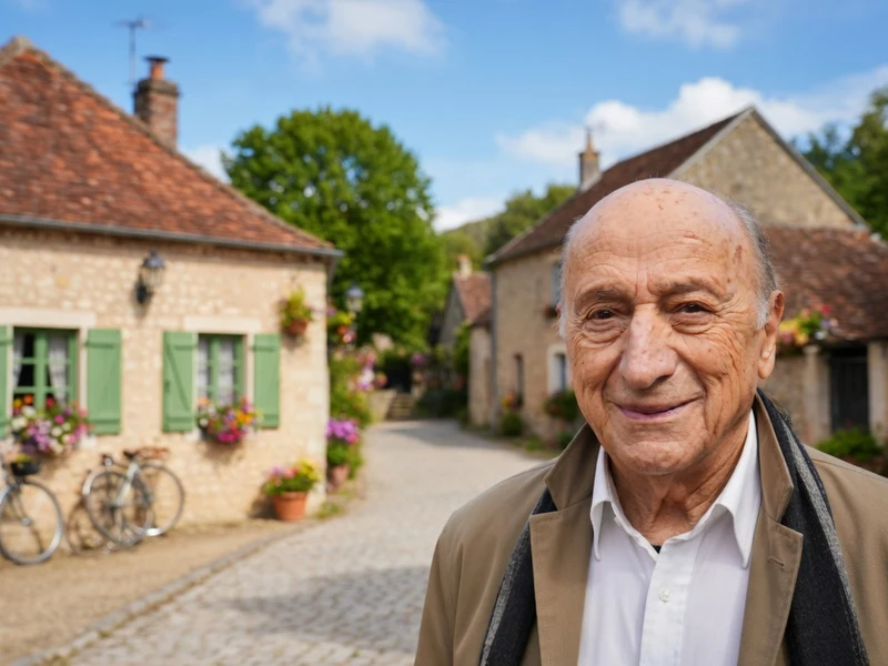 Pierre Bonte se tient devant des maisons en pierre dans un village fleuri