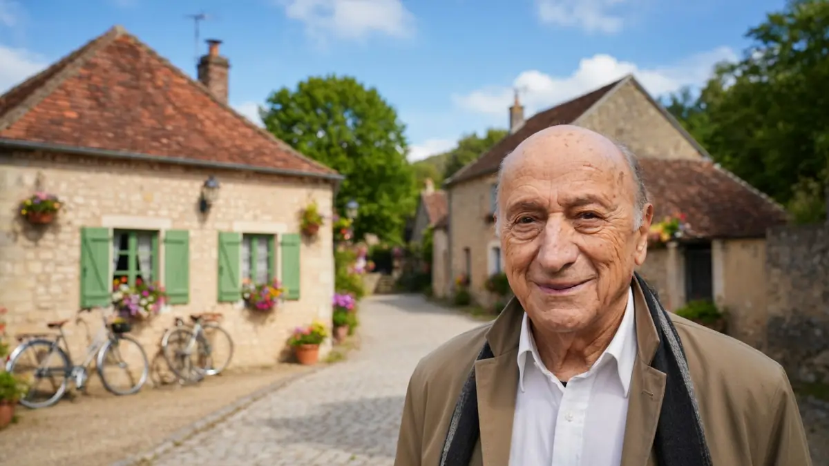 Pierre Bonte se tient devant des maisons en pierre dans un village fleuri