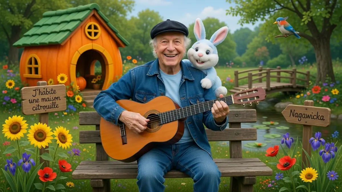 Pierre Chêne joue de la guitare sur un banc avec un lapin sur l'épaule dans un jardin coloré