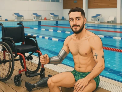 Pierre Rabine est assis au bord d'une piscine avec son fauteuil roulant et ses prothèses à proximité