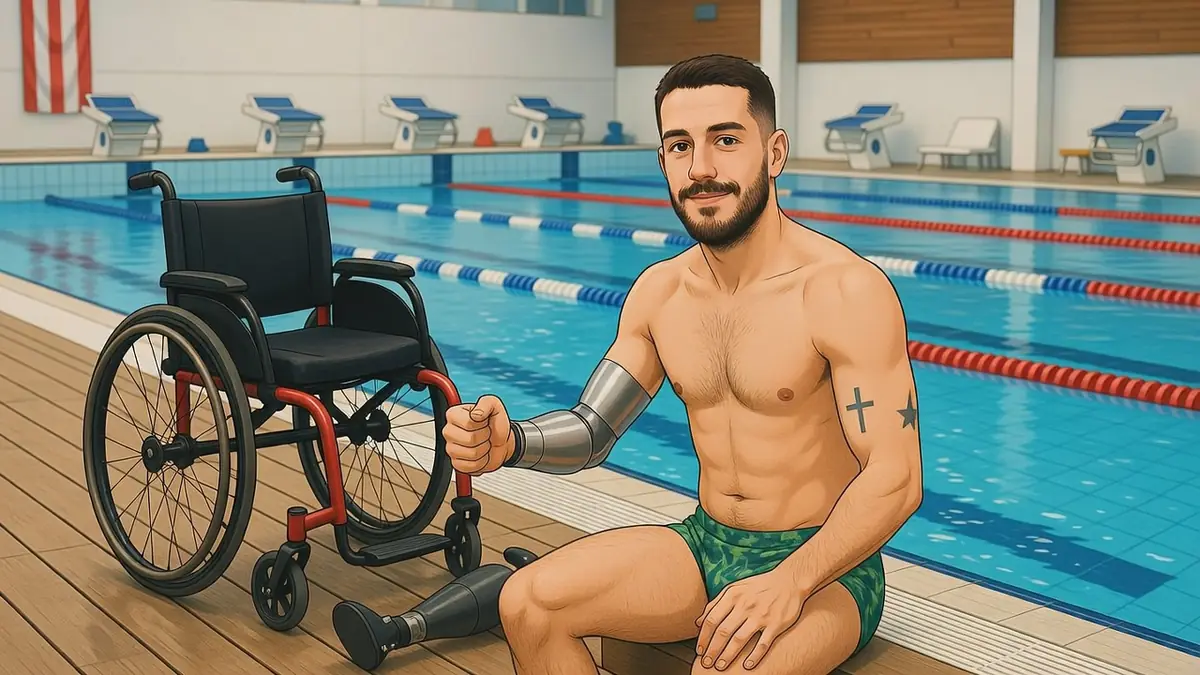 Pierre Rabine est assis au bord d'une piscine avec son fauteuil roulant et ses prothèses à proximité