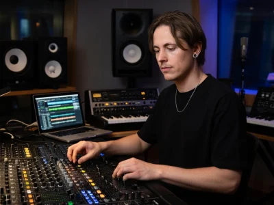 Pierre Sarkozy manipule les commandes d'une console de mixage dans un studio de musique.