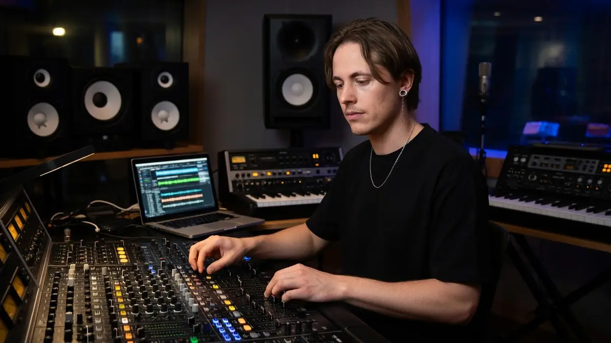 Pierre Sarkozy manipule les commandes d'une console de mixage dans un studio de musique.