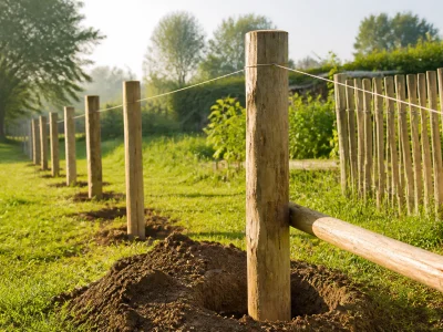 Un poteau de clôture en bois structure proprement les limites du jardin.