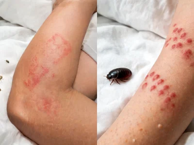 Bras humain présentant des marques rouges irritées évoquant une piqûre acarien au contact d'insectes sur un drap blanc