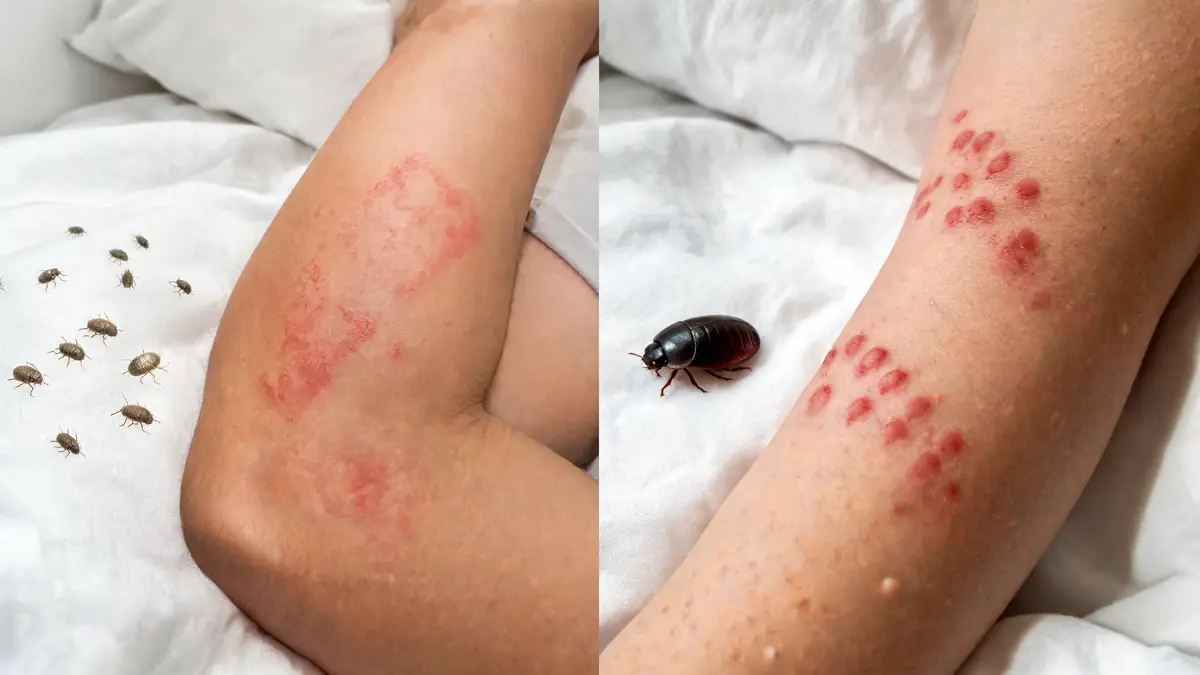 Bras humain présentant des marques rouges irritées évoquant une piqûre acarien au contact d'insectes sur un drap blanc