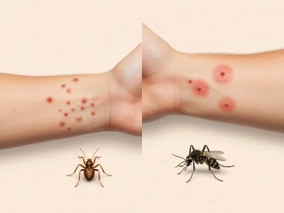 Deux avant-bras présentant une piqûre de puce ou de moustique avec les insectes en dessous