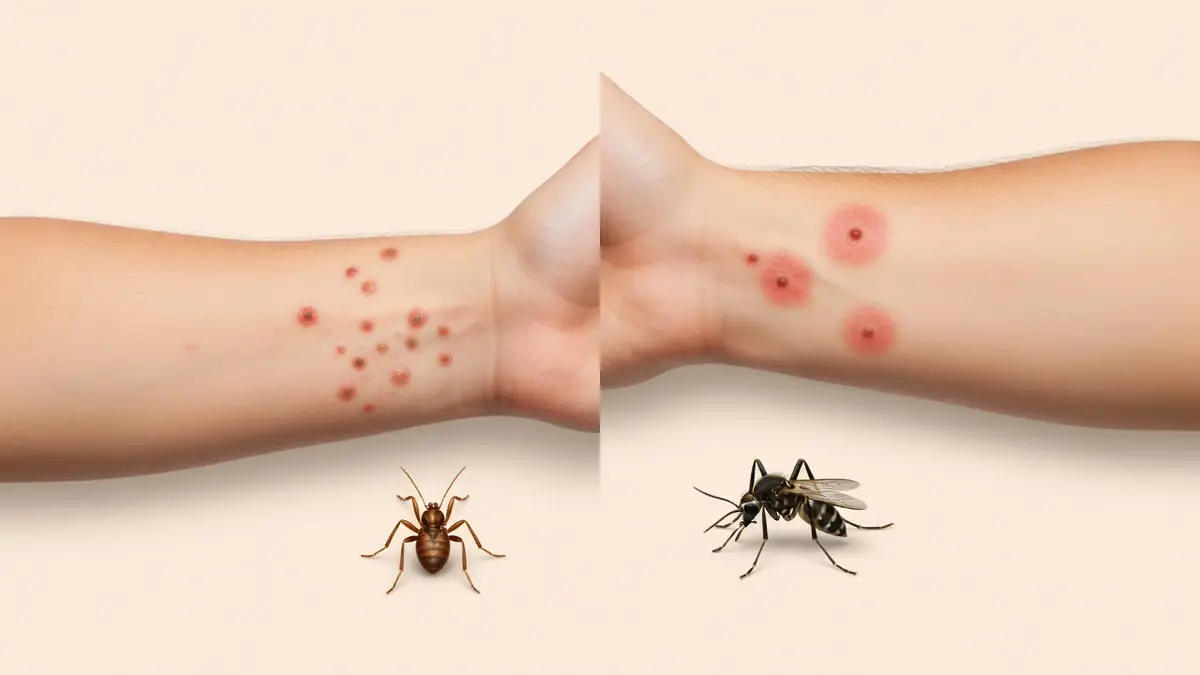 Deux avant-bras présentant une piqûre de puce ou de moustique avec les insectes en dessous