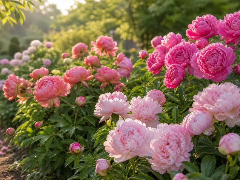 Des pivoines roses en pleine saison des pivoines dans un jardin printanier.