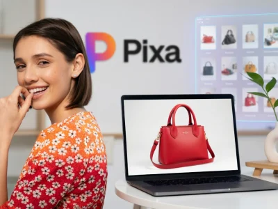 Une femme souriante se tient près d'un ordinateur portable affichant un sac à main rouge avec Pixelcut