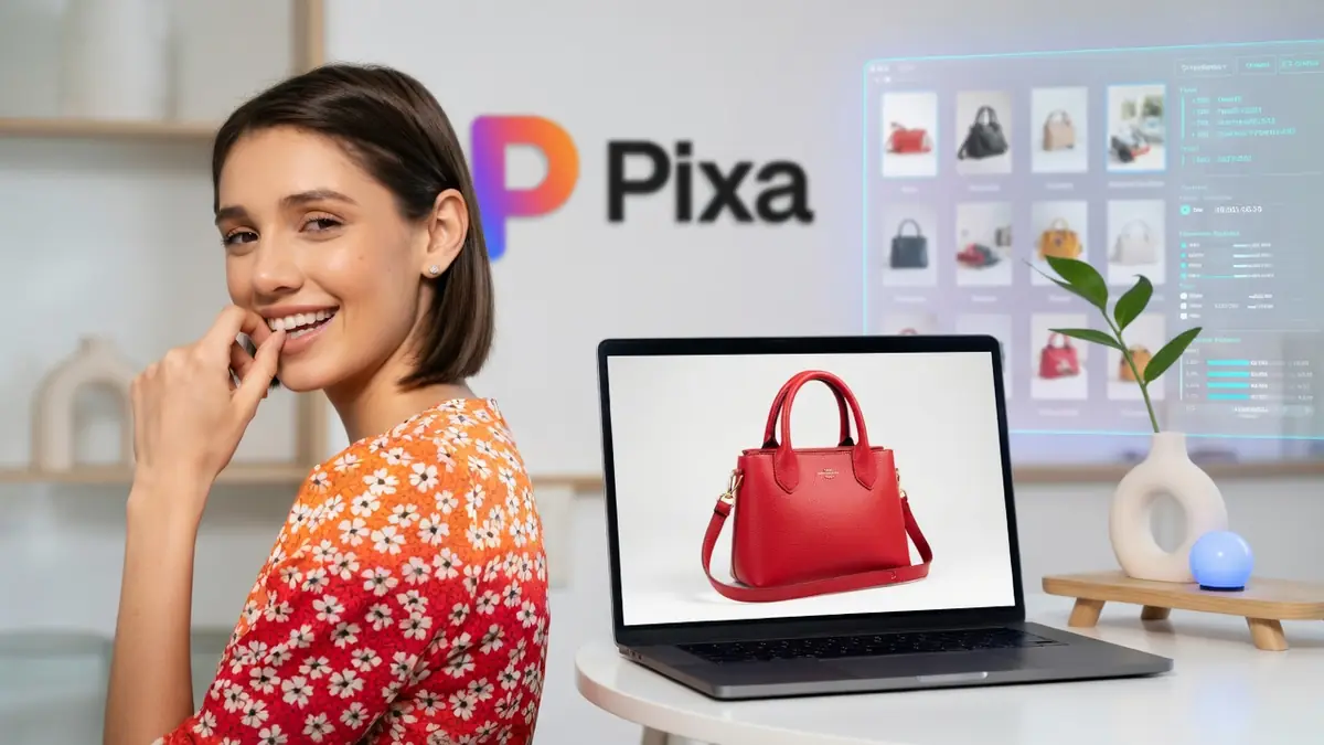 Une femme souriante se tient près d'un ordinateur portable affichant un sac à main rouge avec Pixelcut