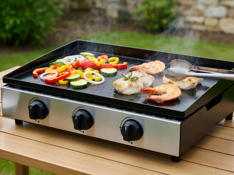 Des légumes et des crevettes grillent sur une plancha posée sur une table en extérieur