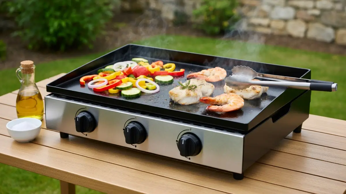 Des légumes et des crevettes grillent sur une plancha posée sur une table en extérieur