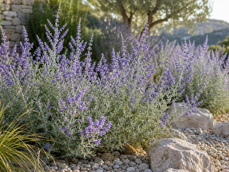 Massif sec de Perovskia en fleurs dans un jardin de gravier.