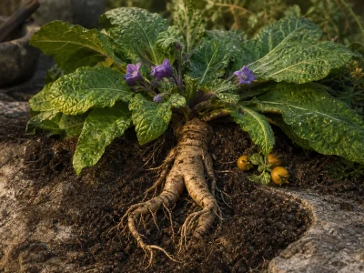 Une plante mandragore dévoile sa racine fourchue dans un sol méditerranéen.