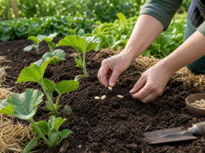 Des mains préparent un semis pour semer des courges dans un potager paillé.
