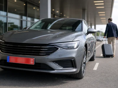 Voiture neuve avec plaque d'immatriculation rouge devant un terminal de départ.