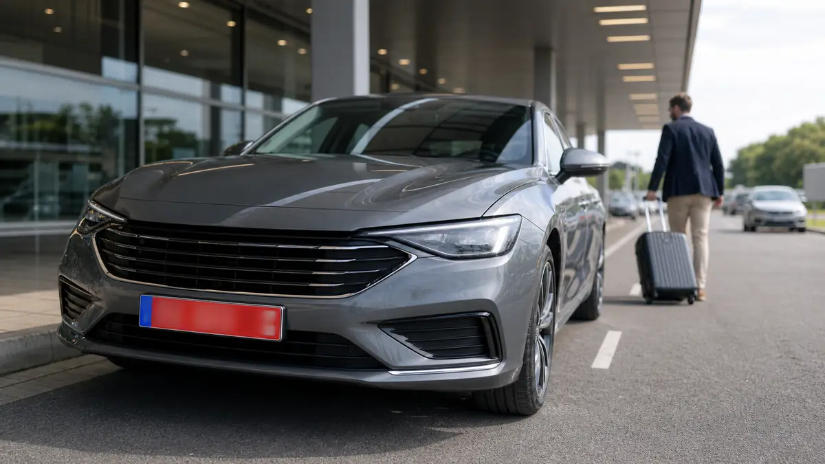 Voiture neuve avec plaque d'immatriculation rouge devant un terminal de départ.