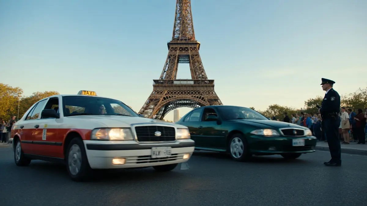 Un taxi et une voiture devant la tour Eiffel avec un policier pour streaming Taxi 2
