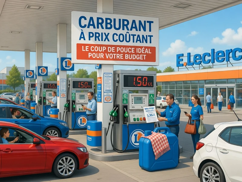 Clients faisant le plein de carburant Leclerc prix coûtant dans une station-service avec des voitures aux pompes