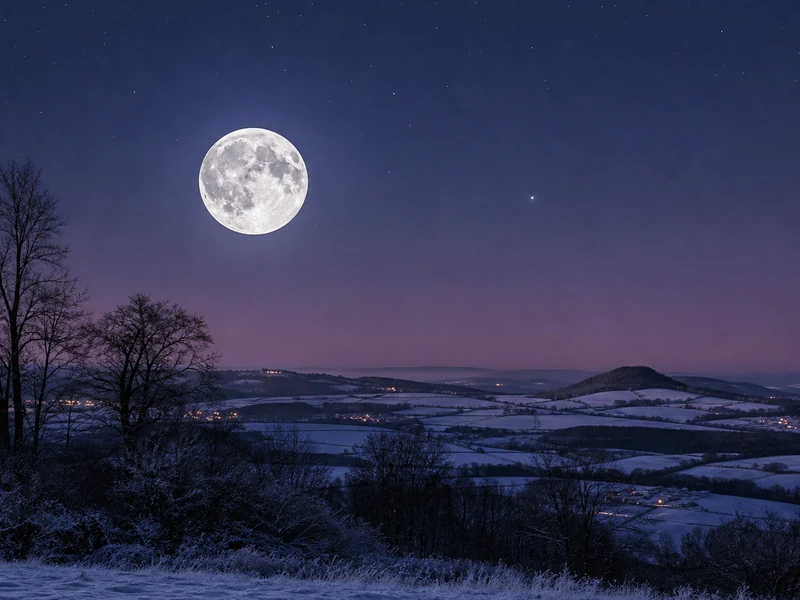 La pleine lune janvier 2026 éclaire un paysage hivernal sous un ciel limpide.