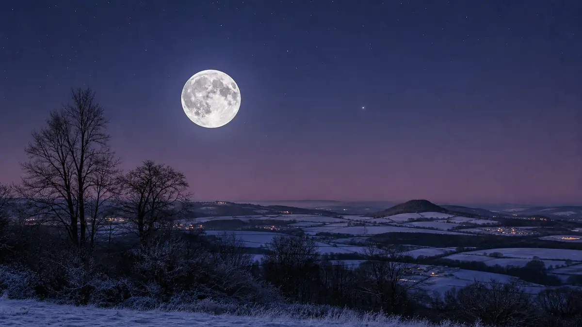 La pleine lune janvier 2026 éclaire un paysage hivernal sous un ciel limpide.