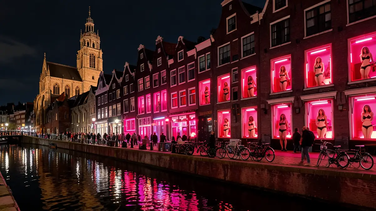 Vue nocturne du canal bordé de vitrines roses dans amsterdam Le Quartier rouge