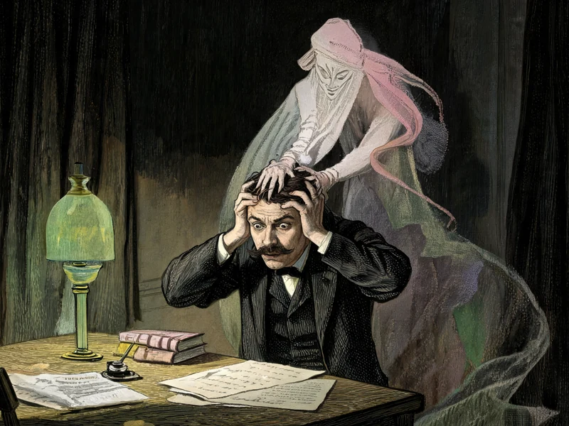 Un homme angoissé se tient la tête devant une apparition spectrale dans le horla guy maupassant