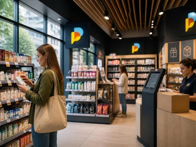 Une cliente choisit des produits dans les rayons d'un magasin point plus moderne et bien agencé
