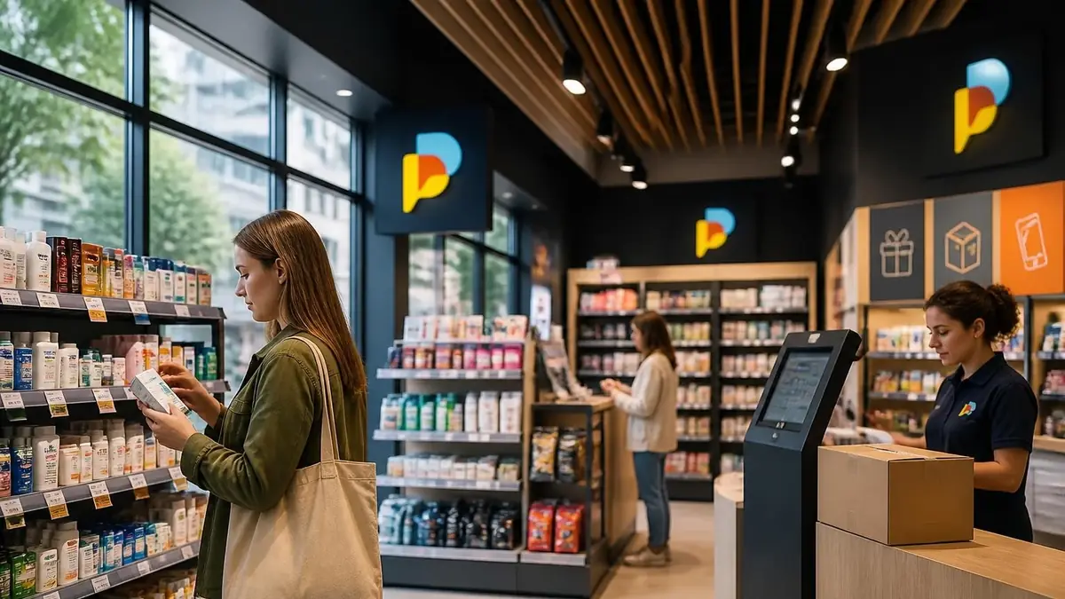 Une cliente choisit des produits dans les rayons d'un magasin point plus moderne et bien agencé