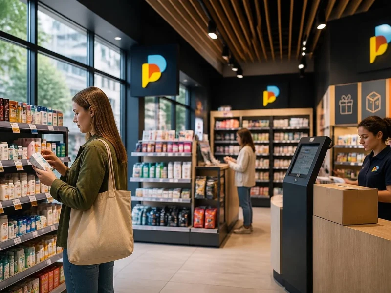 Une cliente choisit des produits dans les rayons d'un magasin point plus moderne et bien agencé