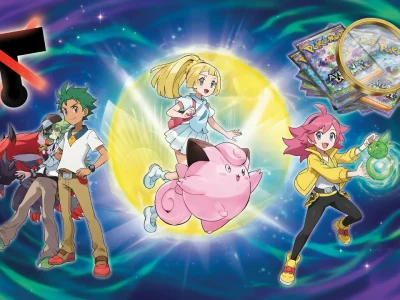 Des dresseurs et Pokémon posent dans un décor galactique lumineux pour Pokémon Év9