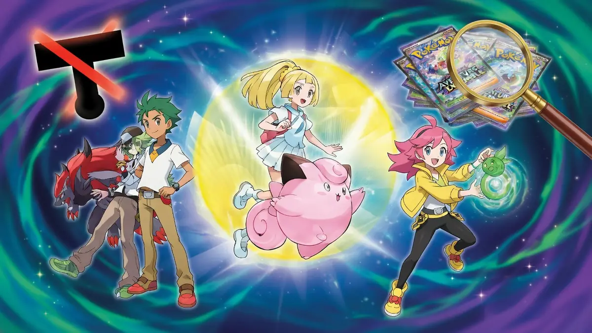 Des dresseurs et Pokémon posent dans un décor galactique lumineux pour Pokémon Év9