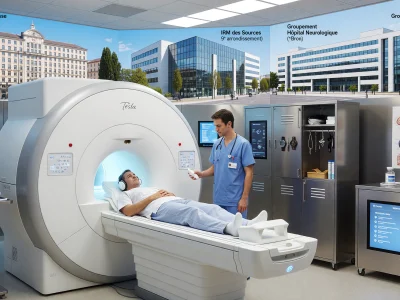 Un patient allongé dans un appareil d'irm à Lyon pendant son examen avec un professionnel