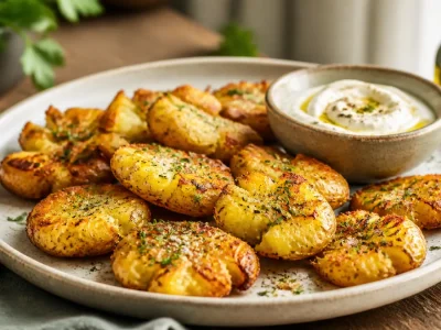 Des pommes de terre écrasées dorées et croustillantes servies avec une sauce crémeuse.