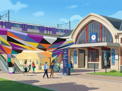 La gare de Pont-Cardinet arbore une structure colorée avec un train surélevé et des piétons .