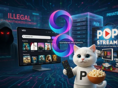 Un chat tenant un bol de pop-corn et une télécommande se tient devant un écran avec un hacker et des serveurs pour Popstream