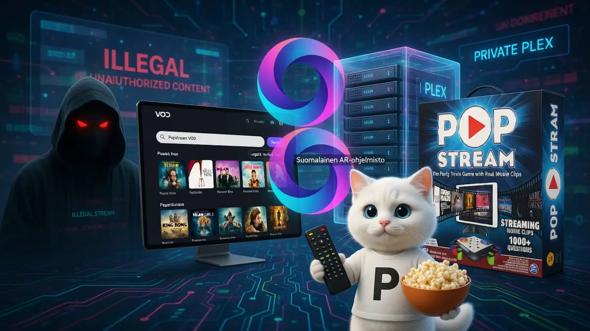 Un chat tenant un bol de pop-corn et une télécommande se tient devant un écran avec un hacker et des serveurs pour Popstream