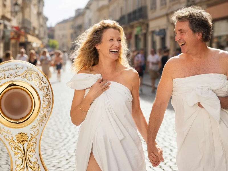 Un couple enroulé dans des draps blancs rit en marchant dans la rue pour Le Plaisir