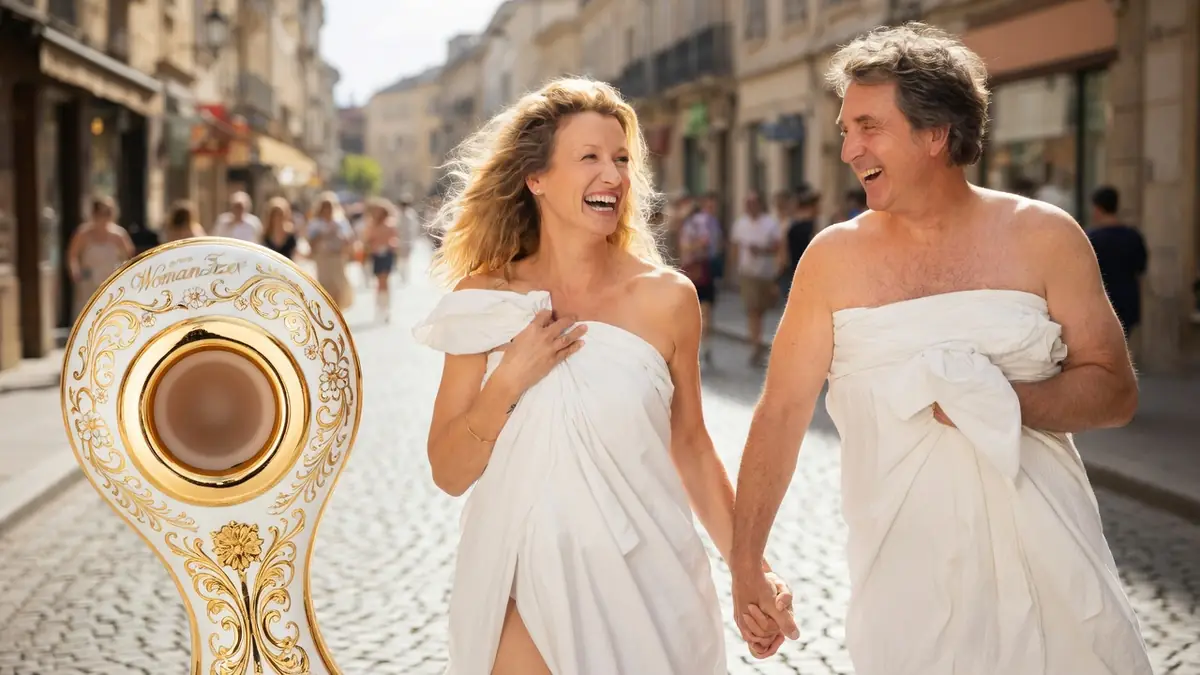 Un couple enroulé dans des draps blancs rit en marchant dans la rue pour Le Plaisir