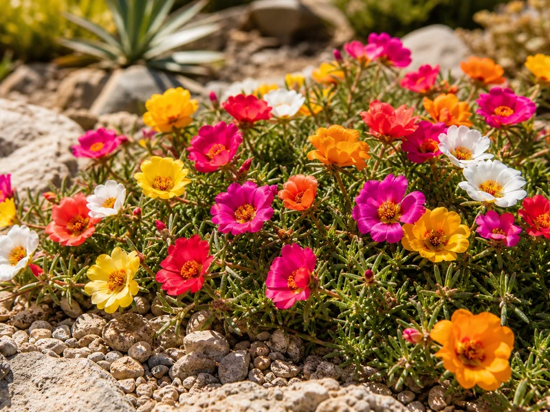 Massif de pourpier fleur multicolore dans une rocaille en plein soleil