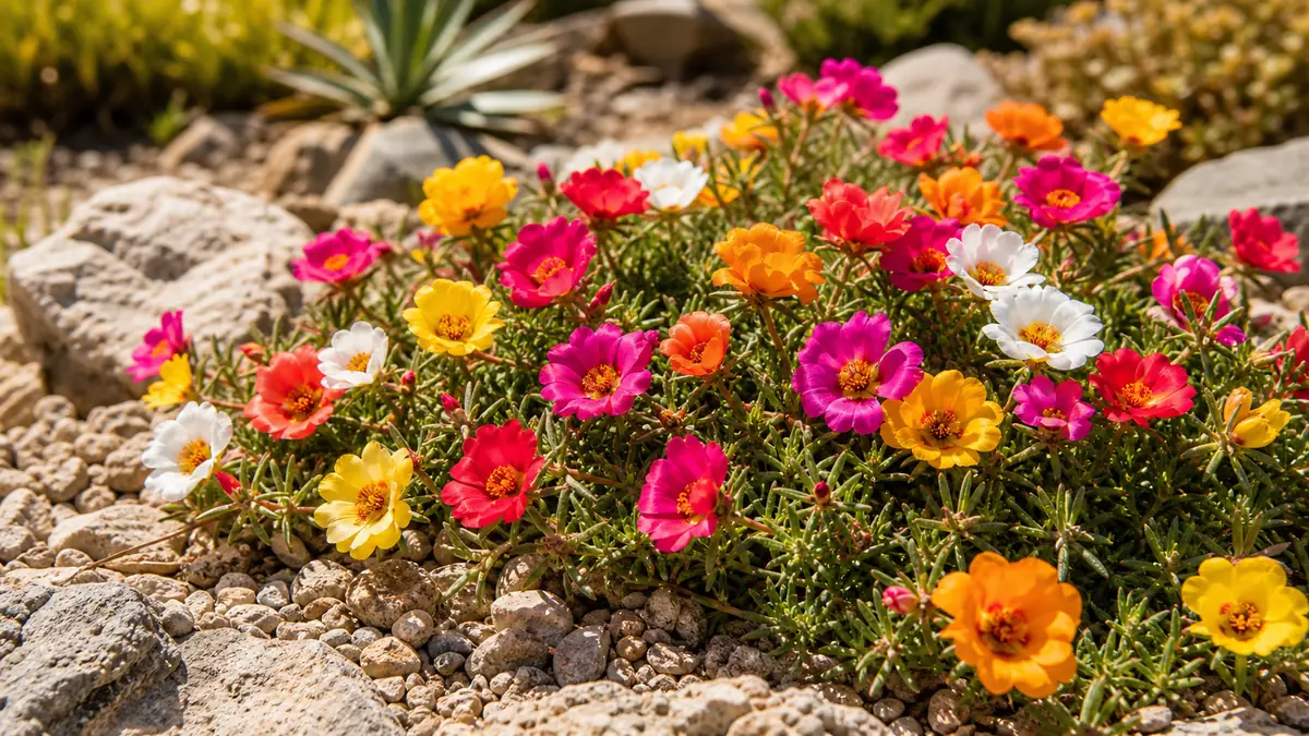 Massif de pourpier fleur multicolore dans une rocaille en plein soleil