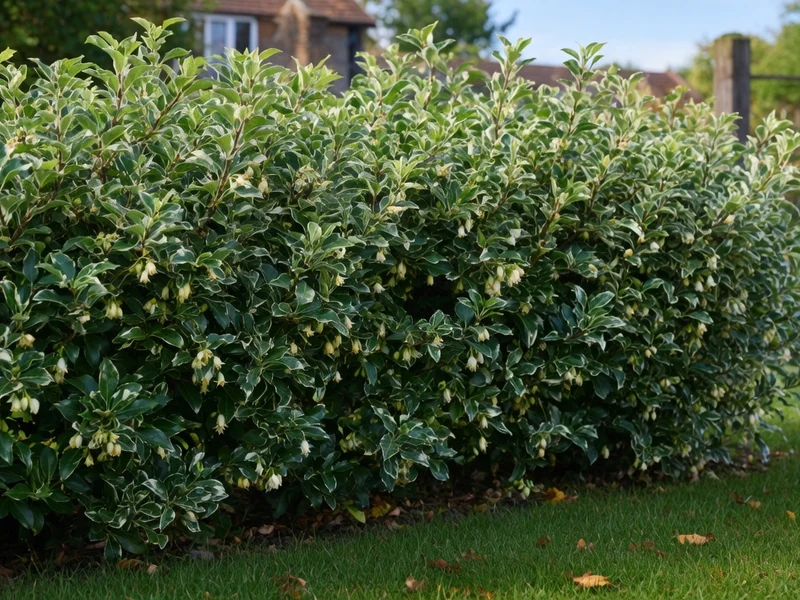 Belle haie dense d'Elaeagnus ebbingei aux feuilles panachées dans un jardin verdoyant