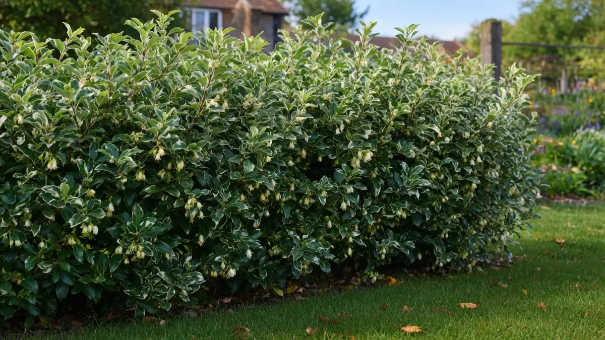 Belle haie dense d'Elaeagnus ebbingei aux feuilles panachées dans un jardin verdoyant