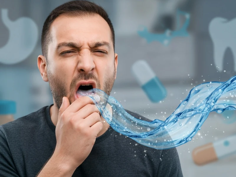 Un homme grimaçant se tient la main près de la bouche tandis qu'une onde bleue évoque le goût salé dans la bouche