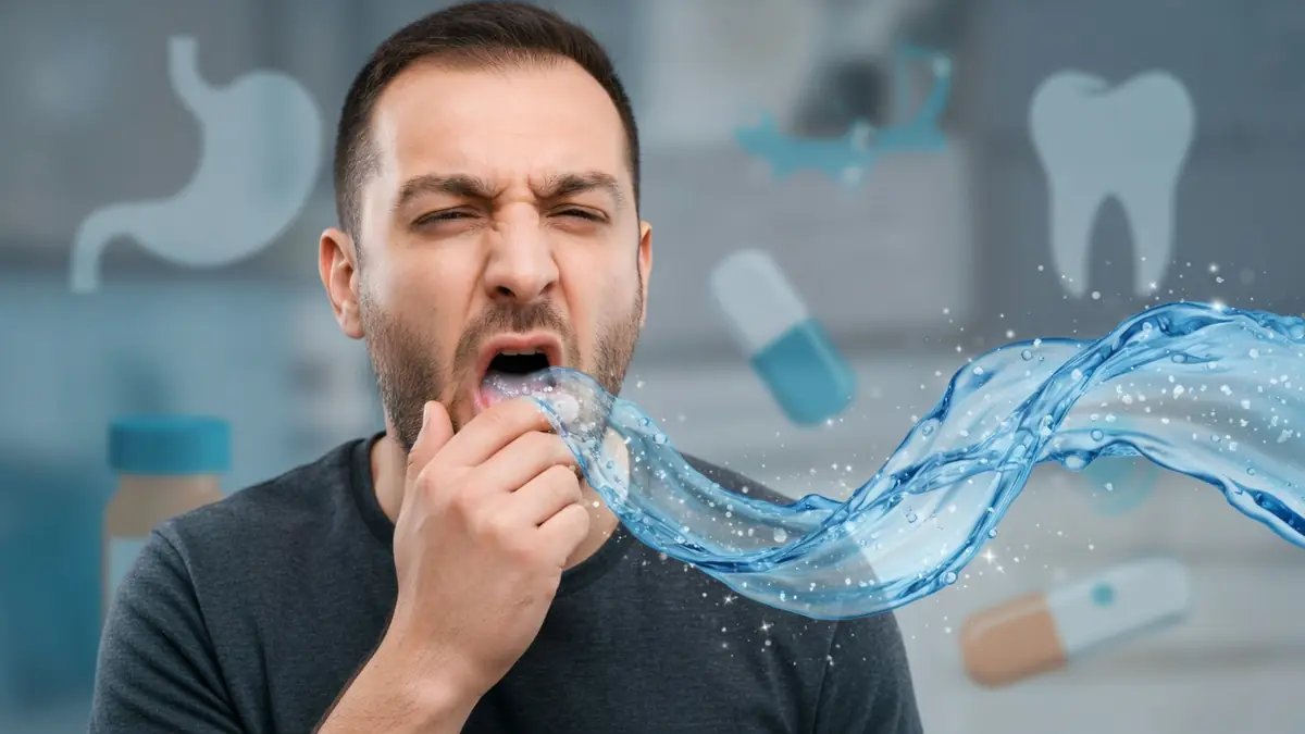 Un homme grimaçant se tient la main près de la bouche tandis qu'une onde bleue évoque le goût salé dans la bouche