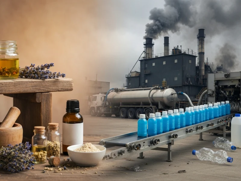 Le visuel oppose des ingrédients naturels à une usine polluante pour illustrer pourquoi je n'achète plus chez Aroma-Zone