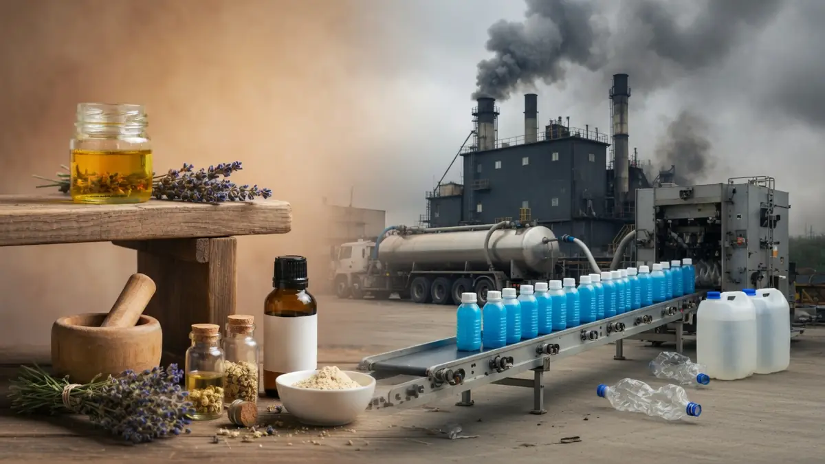 Le visuel oppose des ingrédients naturels à une usine polluante pour illustrer pourquoi je n'achète plus chez Aroma-Zone